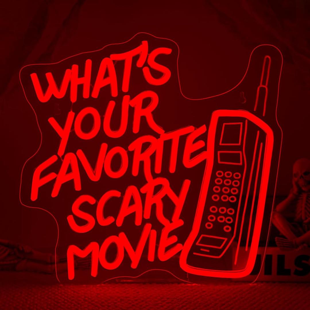 Whats Your Favorite Scary Movie Neon Sign  Red LED Wall Light with Retro Phone Design  Horror Movie Night & Halloween Party Dcor