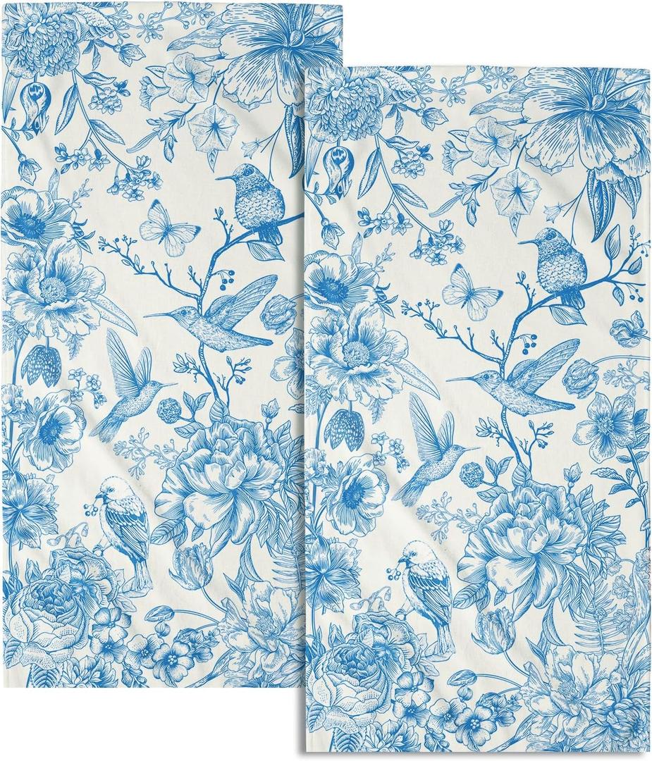 Chinoiserie Flowers Hand Towels Set of 2, Blue Birds Floral Porcelain Decorative Bathroom Towel 28x14 Inch, Soft Absorbent Microfiber Wash Cloth for Kitchen Gym Hotel Home Decor