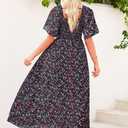 Dokotoo Womens Dresses 2025 Square Neck Tie Backless Summer Dresses Cap Sleeve Floral Buttoned Empire Waist Maxi Dress (L)