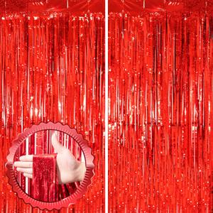2 Pack Red Tinsel Foil Fringe Curtains, Red Party Decorations, Metallic Tinsel Party Streamers Backdrop for Birthday Casino Christmas Graduation Carnival Valentine's Party Decorations