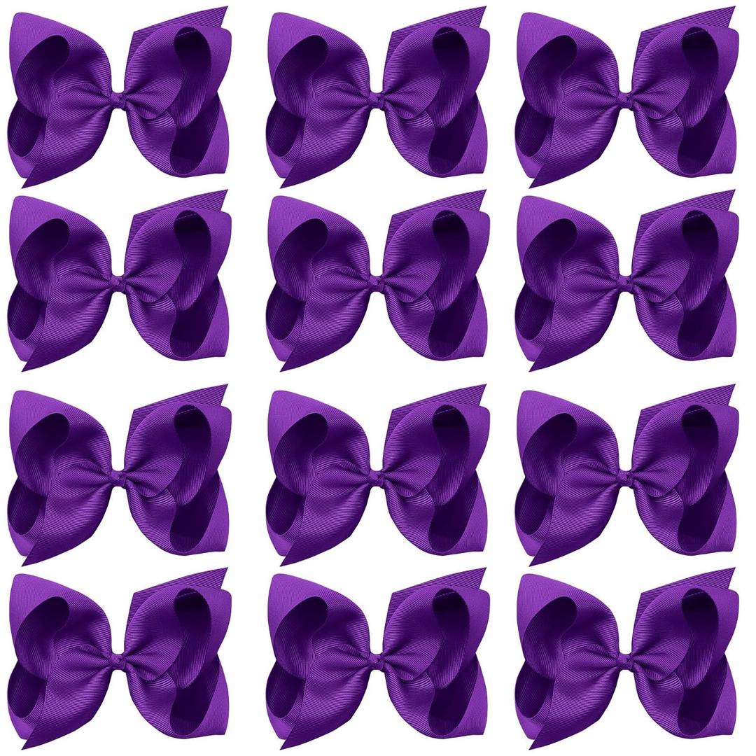 Oaoleer Big Hair Bows for Girls 12 PCS 6" Purple Grosgrain Ribbon Large Boutique Bow Alligator Clips Hair Accessories for Toddlers Little Girls Kids