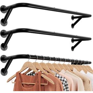Pipe Clothing Rack - 37.5" Clothing Racks for Hanging Clothes with Dual Flange Base, Multifunctional Wall Mounted Clothes Rack for Bedroom, Entryway, Balcony, Black, 3-Pack (10.2" x 6.7" x 37.5")