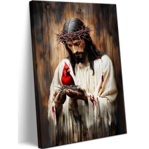 Jesus and Cardinal Canvas Wall Art Jesus Saves Cardinalis Painting Decor Picture Christian God Thorns Red Birds Posters Prints for Dining Living Prayer Room Kitchen Church Wall Bedroom Decoration 10"L x 8"W