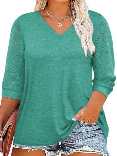 Chulianyouhuo Plus Size Tops for Women 3/4 Lace Sleeve V Neck Tee Shirt Summer Casual Loose Fit Tunic Blouse 2026 Green Size 5XL