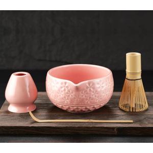Matcha Whisk Set Matcha Kit: Ceramic Matcha Bowl, Matcha Whisk Holder, Bamboo Whisk(Chasen), Bamboo Scoop, 4Pcs Matcha Tea Set for Matcha Lover, Family Christmas Birthday Gift (Pink)