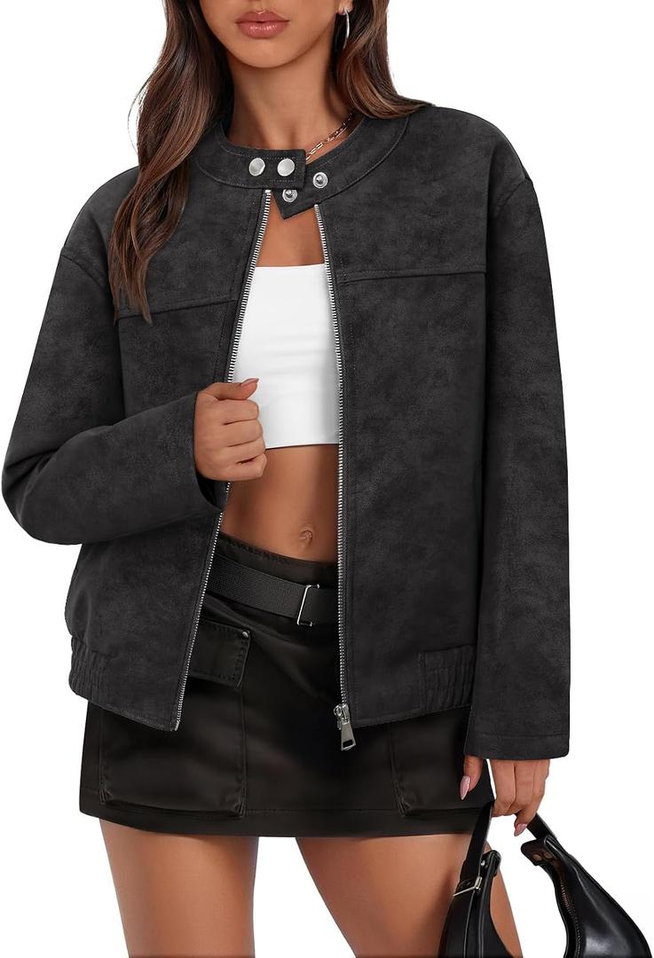 MEROKEETY Women's Faux Suede Bomber Jackets 2026 Trendy Long Sleeve Zip Up Fall Winter Coat Outerwear