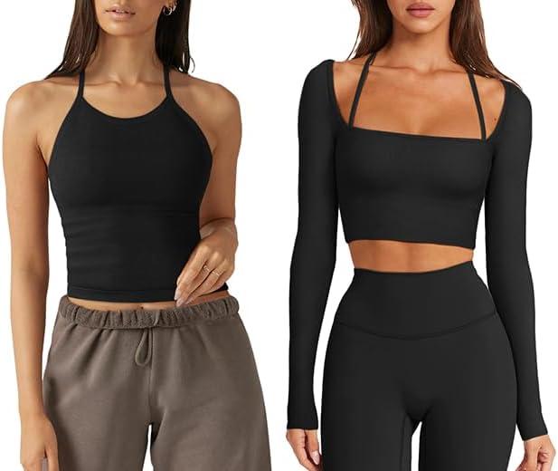 LASLULU Womens Bra Tops Black Sports Bra + Black Long Sleeve Tops-L