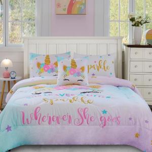 Cokouchyi Full Size Comforter Set for Girls, 6-Piece Bed in a Bag, 3D Colorful Unicorn Bedding Comforter Sheet Set, Ultra Soft and Fluffy, Pink & Rainbow Color, Unicorn 6-piece, Full
