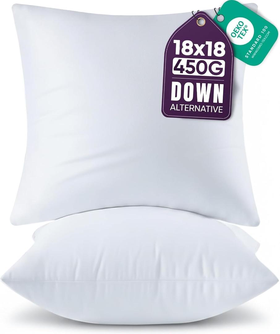 Beddora 18x18 Outdoor Pillow Inserts, Set of 2, White, Indoor Decorative Throw Pillows for Bed, Sofa & Couch, Soft, Supportive & Fluffy Cushion Inserts