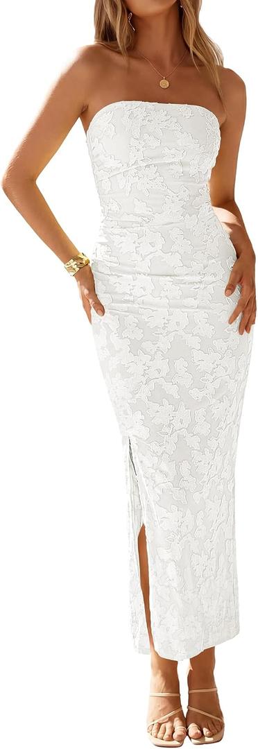 ZESICA Womens 2026 Summer Floral Strapless Maxi Dress Bodycon Side Slit Mesh Formal Cocktail Party Wedding Guest Long Dresses (White, M)