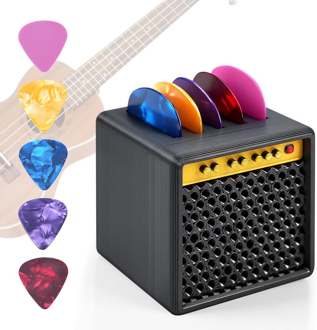 Guitar Pick Storage Box,Guitar Picks Holder Box for Musicians and Collectors,Guitar Pick Display Holder,Mini Speaker Amp Design with 5 Premium Celluloid Picks,Gift for Guitar Players