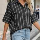 Cicy Bell Women Striped Button Down Shirt Short Sleeve Collared Blouse Tops (Black)