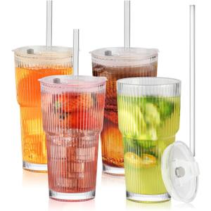 20oz Glass Tumblers with Lids and Straws, 4 Pack Vintage Ribbed Glass Tumblers for Iced Coffee, Smoothies, Thickened Wall Mason Jar Drinking Iced Coffee Cup