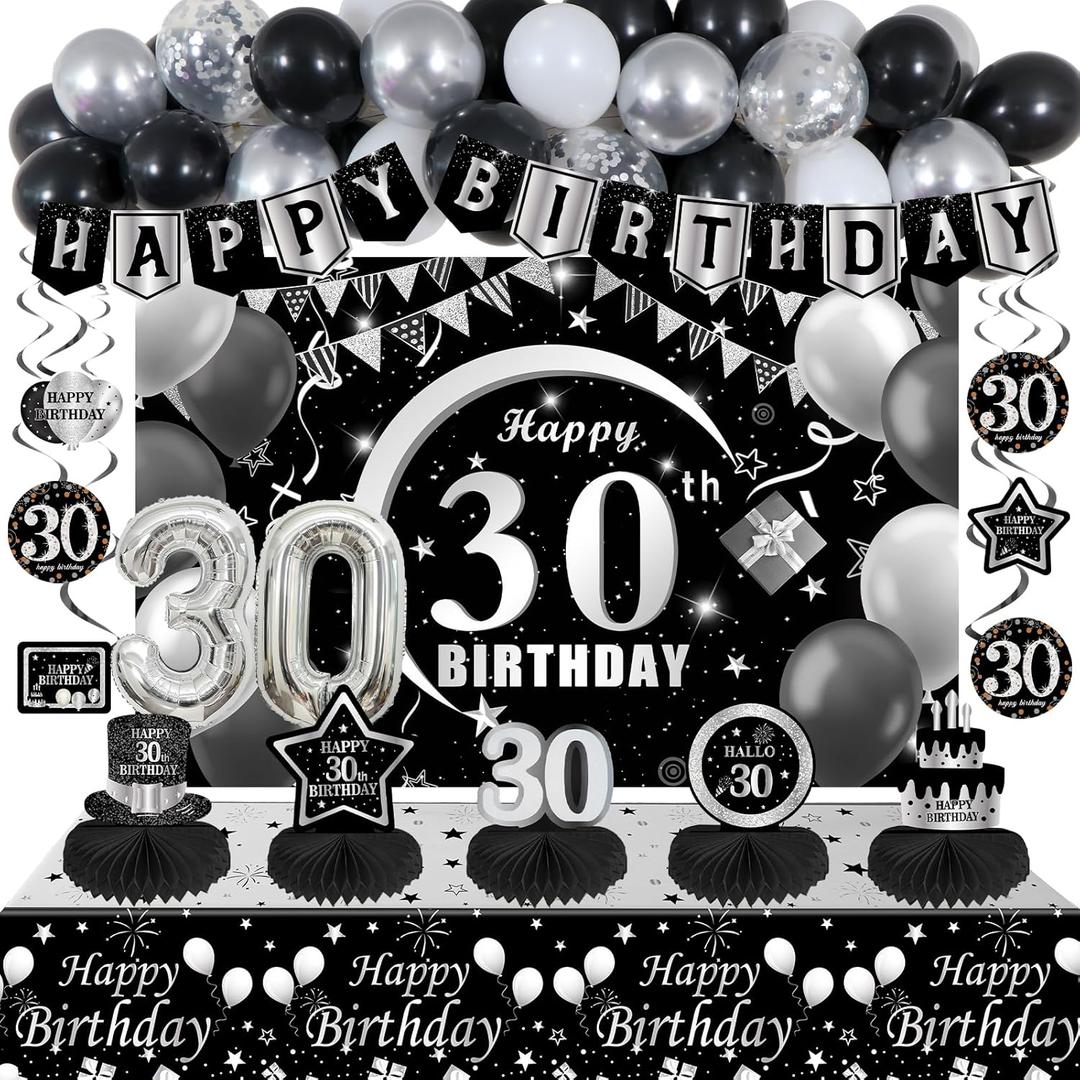 30th Birthday Decorations, Black Silver 30-year-old Birthday Banner Decoration for Men, Women, Thirty Birthday Table Decor, Black Silver 30th Birthday Balloons with Silver 30 Number Balloons for Her
