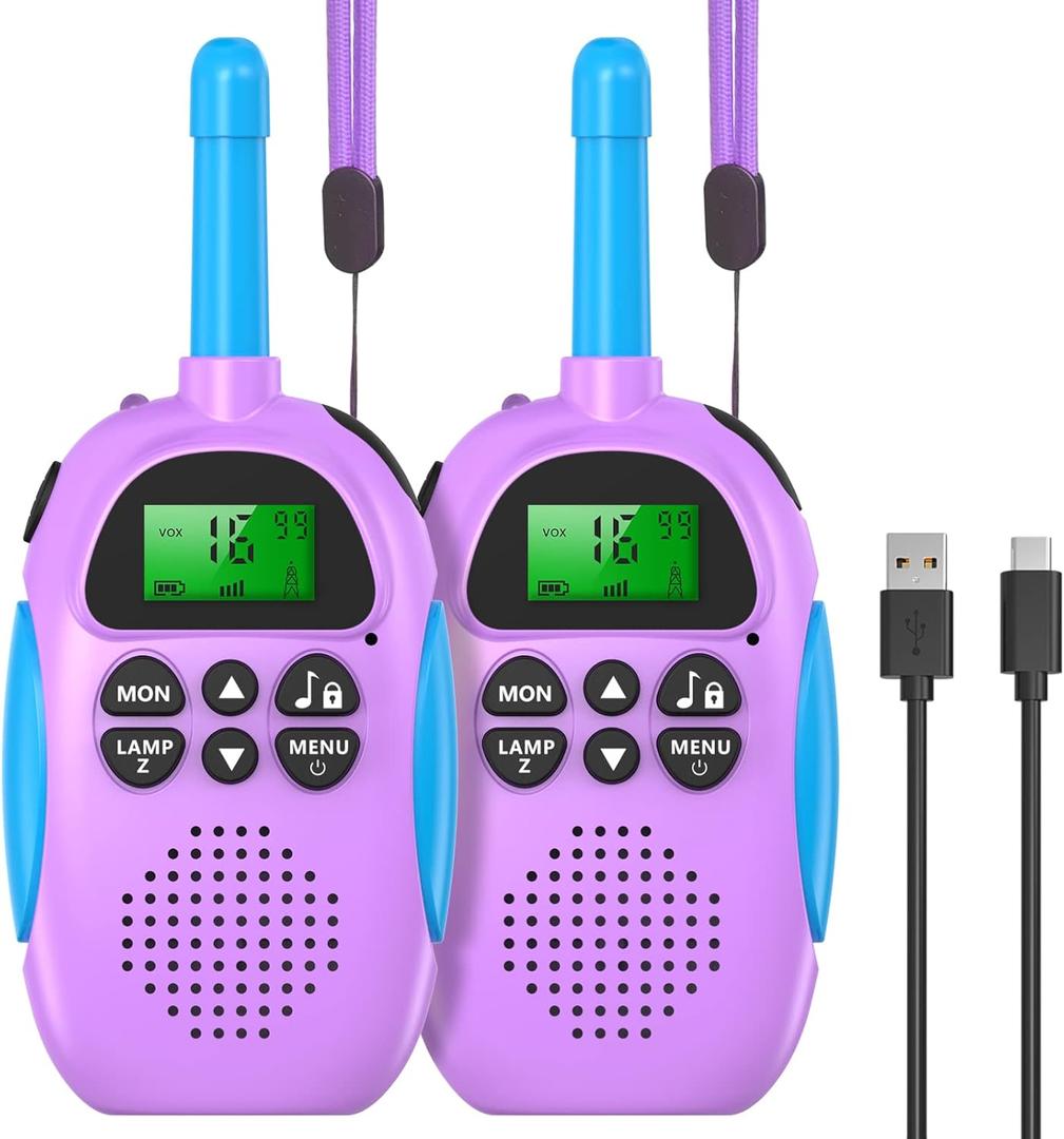 Walkie Talkies for Kids Adult, 2 Pack Rechargeable Kids Walkies Talkies, 3km Long Range, 22 Channels, Indoor Outdoor Toys for Camping, Hiking, Family Games, Toys for Boys Girls Ages 3-12 (Purple+Purple)
