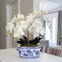 Blue and White Ceramic Planter Pot Vintage Floral Oval Cachepot Vase for Indoor Plants, Flowers & Succulents Glazed Chinese Porcelain Style Decorative Bowl 10.6" Size No Drainage