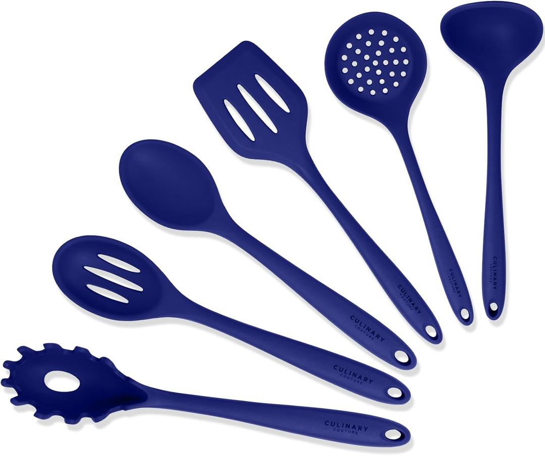 Culinary Couture Blue Silicone Kitchen Utensils Set of 6, Non-Stick Heat-Resistant Silicone Kitchen Utensils Set with Steel Inner Core