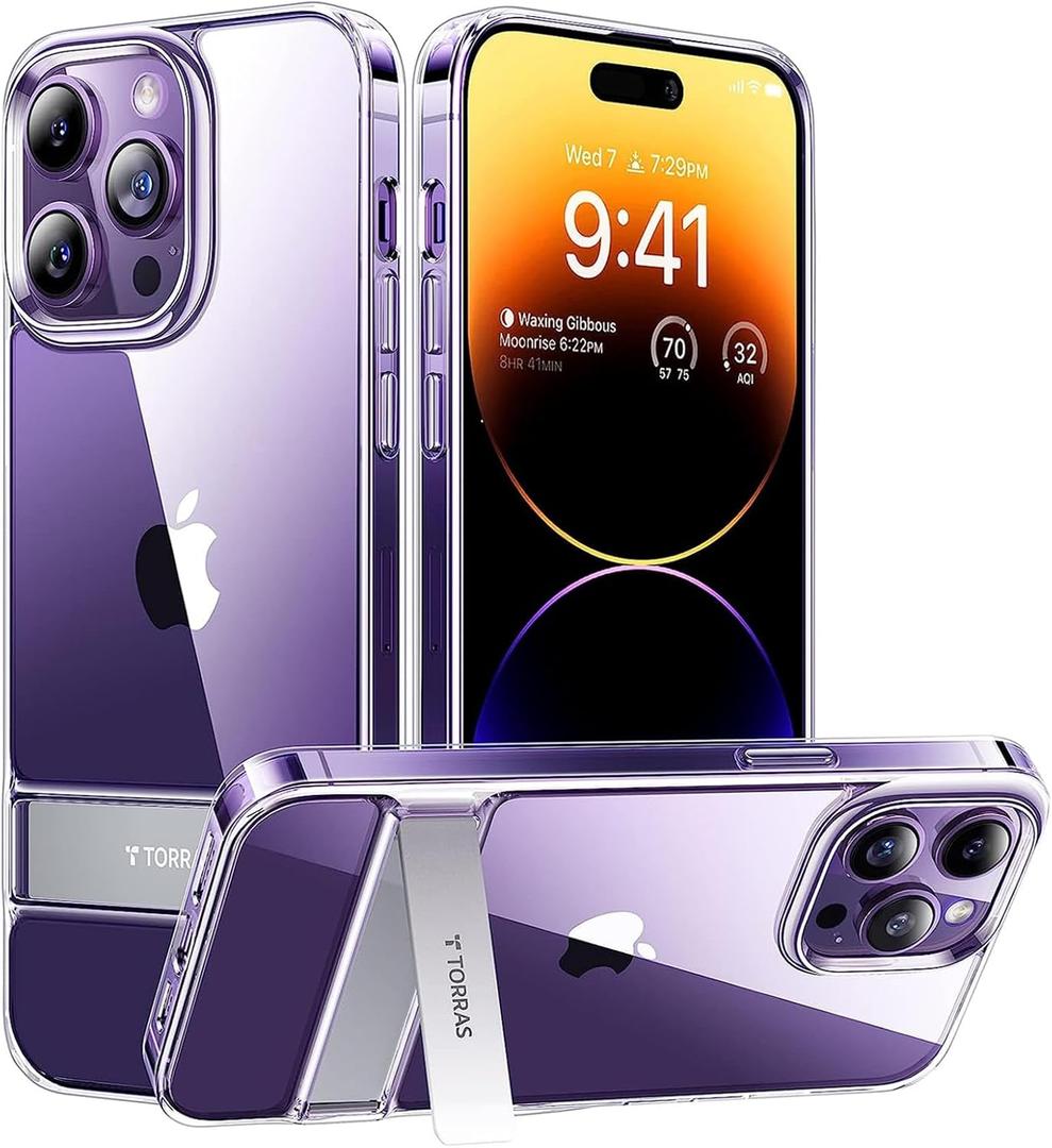 TORRAS MoonClimber Designed for iPhone 14 Pro Case Clear with Stand Metal Kickstand, Non-Yellowing, 10FT Military Drop Protective Shockproof Slim Hard Case for 14 Pro Phone Case with Kickstand, Clear