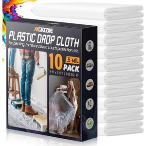 12 x 9 Ft Plastic Drop Cloths (10-Pack) - Disposable Painter's Sheeting & Tarps for Painting, Waterproof Furniture/Couch/Floor Protection