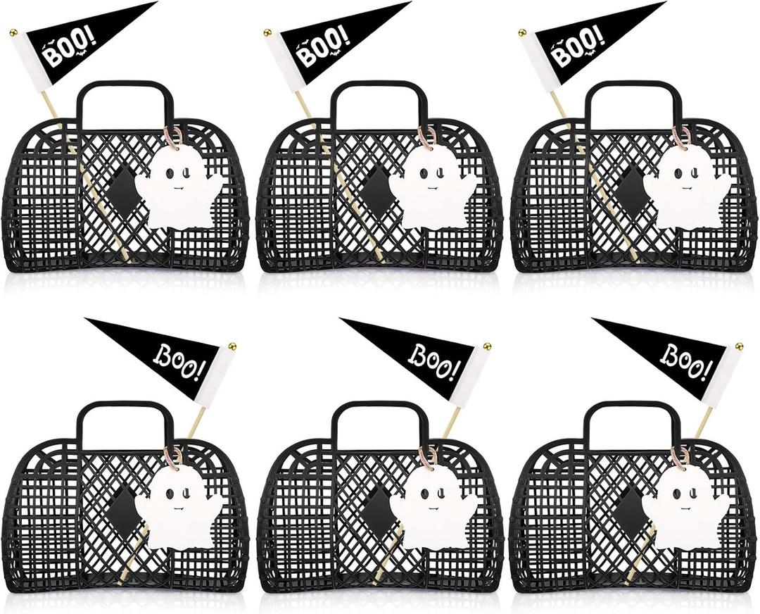 Gerrii 6 Pcs Large Halloween Trick or Treat Bucket Cute Ghost Boo Jelly Goodie Candy Gift Basket Tote Bag Bulk with Handle for Halloween Party Decor Supplies (Black)