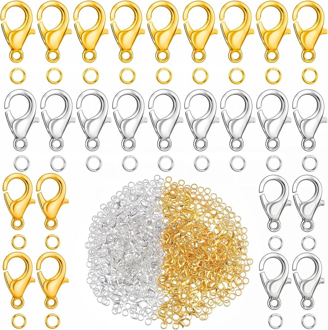 Grevosea 300PCS Lobster Claw Clasps with Open Jump Rings 12mm Metal Lobster Clasps for DIY Craft Bracelet Jewelry Making (Gold+Silver Clasp: 12x7mm+Ring:5mm)