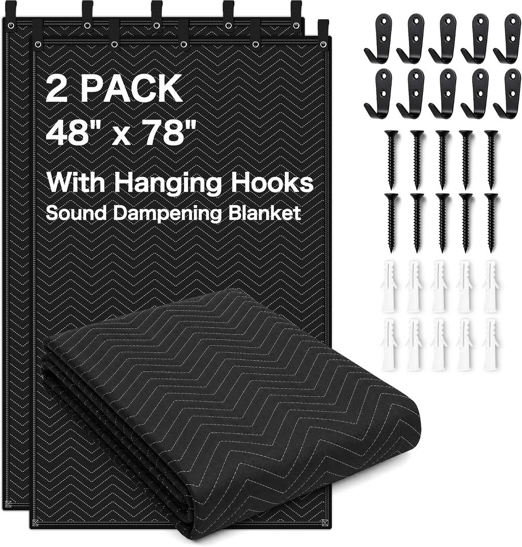 2-Pack Sound Dampening Moving Blankets, 48 x 78 in, 5 Hooks Included | Sound Absorption,Easy Installation,Durable Design,Large Coverage,Multi-Purpose Use