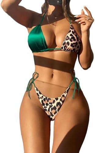 SOLY HUX Bikini Sets for Women Leopard Print Halter Triangle Tie Side Bathing Suits Two Piece Swimsuit, Size Large