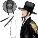 Vintage Style Mesh Top Hat with Black Ribbon Wide Brim Gothic Costume Headwear Chain Costume Accessory Hat