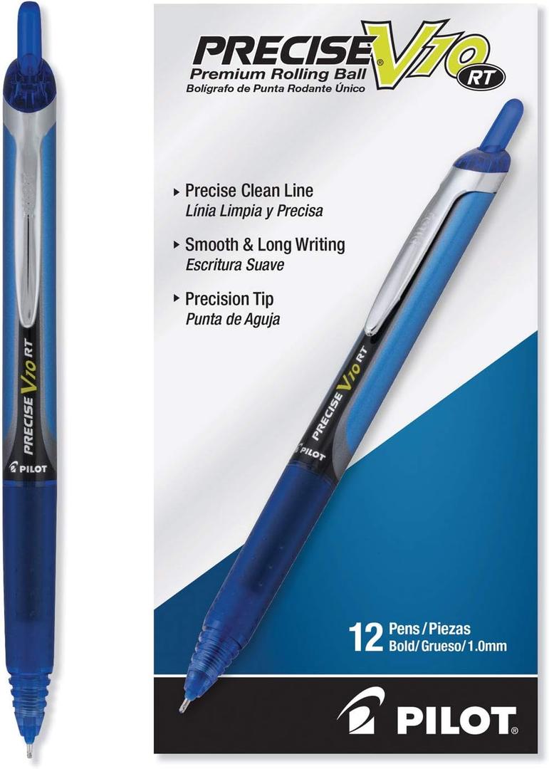 Pilot, Precise V10 RT Refillable & Retractable Rolling Ball Pens, Bold Point 1 mm, Blue, Pack of 12
