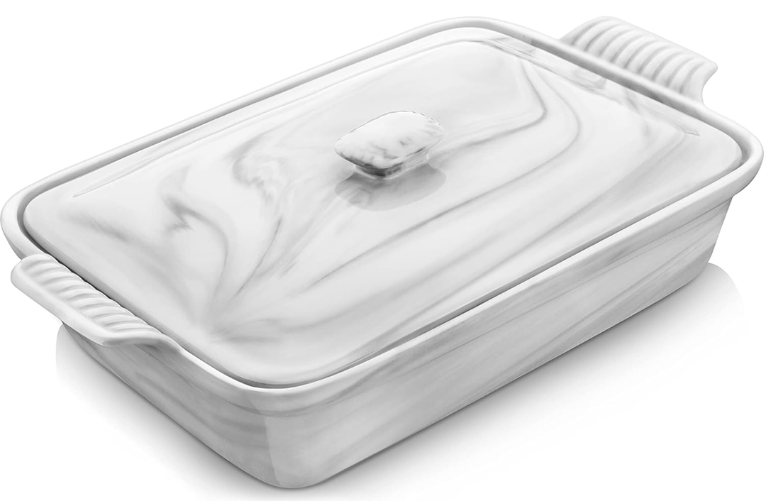 MALACASA Casserole Dish With Lid, 3.4 Quart Baking Dish With Lid, Lasagna Pan Deep Ceramic Bakeware Covered Casserole Dish, Microwave, Oven Safe, Series BAKEGREY