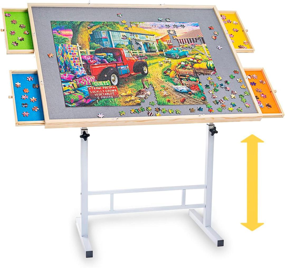 Fanwer Adjustable Puzzle Table with Drawers 1500 Piece, Angle & Height Adjustable Jigsaw Puzzle Table with Metal Legs | 35"x26" Tilting Puzzle Board for Adults and Children, for Birthday (Grey Surface+4 Drawers)