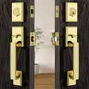 Moquin Double Front Door Lock Set, Polished Brass Square Front Door Hardware Set with Dummy, Heavy Duty Door Handle with Deadbolt, Double Entry Door Lock Set with Reversible Handle