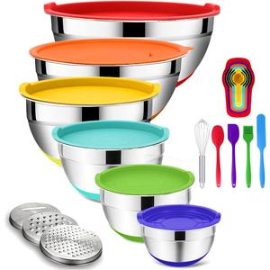 Rottay Mixing Bowls with Airtight Lids, 20PCS Stainless Steel Mixing Bowl Set, Nesting Bowls with 3 Grater Attachments & Non-Slip Bottoms, Size7, 4, 3, 2, 1.5, 1QT Bowls for Baking&Prepping (Multicolor)