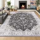 Washable Rug 8x10 Feet, Non Slip Backing Area Rugs for Living Room, Boho Vintage Design Area Rug, Bedroom Rug, Home Decor, Farmhouse, Dining Room, Home Office, Grey and Black (A12-black)