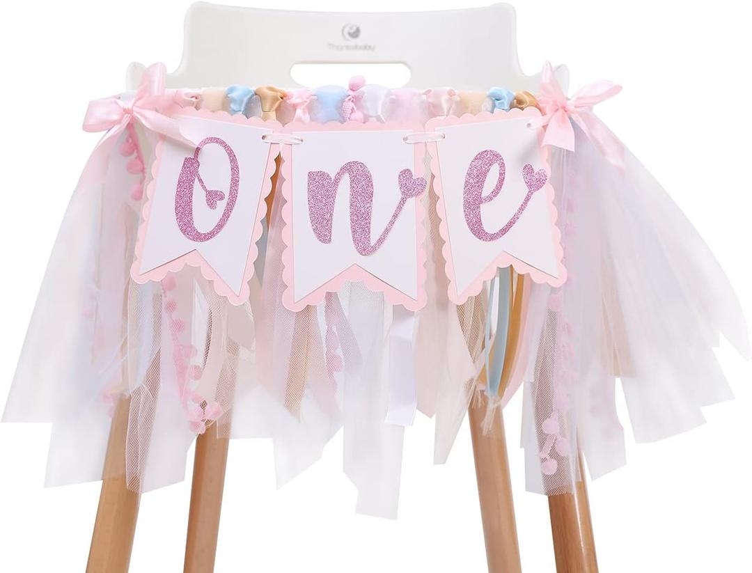 Pink Sweetheart One Birthday Banner - Pink Tutu Skirt High Chair Banner, First Party Gifts for Girls, Winter Onederland 1st Birthday Girl Decorations, Pastel Tassel Ribbons
