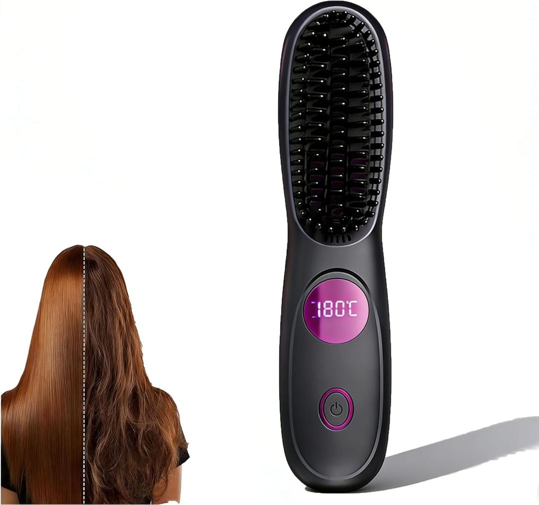 Brush Pro Cordless Hair Straightener Brush, Portable Mini Hair Straightening Brush with 3 Temperature Settings & LED Display, USB Rechargeable Fast Heating Hairs Brush for Travel