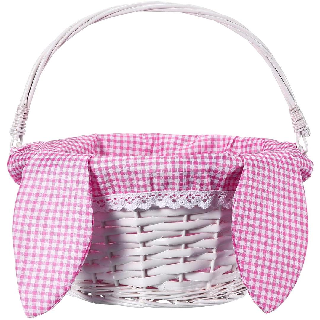 Hushee Easter Willow Gift Basket 11"7" Easter Wicker Bunny Baskets with Folding Handle Plaid Liners for Kids Toys Eggs Hunt Wood Bunny Bucket Decorations(Pink and White Plaid)