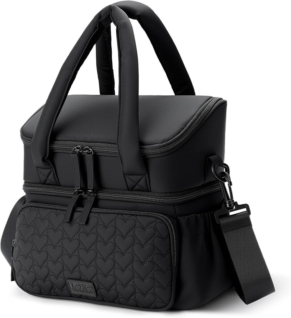 Double Deck Lunch Bag with Insulated & Leakproof Lunch Box & Lunch Tote with Quilting Design, Perfect Cooler Bag for Office, Gym, Yoga, Picnic, Travel (Black)
