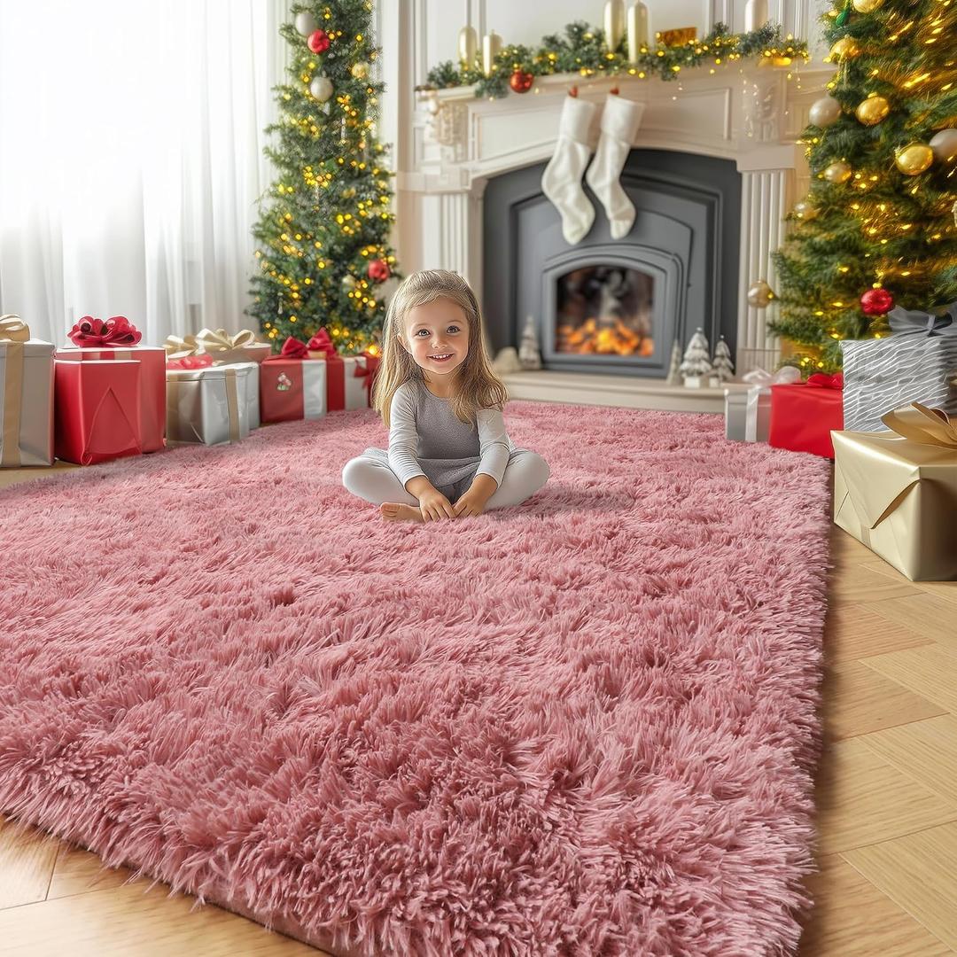 Amdrebio Blush Pink Area Rugs for Living Room Girls Bedroom, 6x9 Kawaii Shaggy Fluffy Rugs for Kids Room Playroom, Plush Shag Fuzzy Furry Carpet for Nursery Dorm Classroom, Cute Dusty Rose Mauve Rug