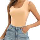 MANGOPOP Sleeveless Bodysuit For Women Scoop Neck Double Lined Tank Top Body Suit Basic Fitted Summer Going Out Tops (Beige, XL)