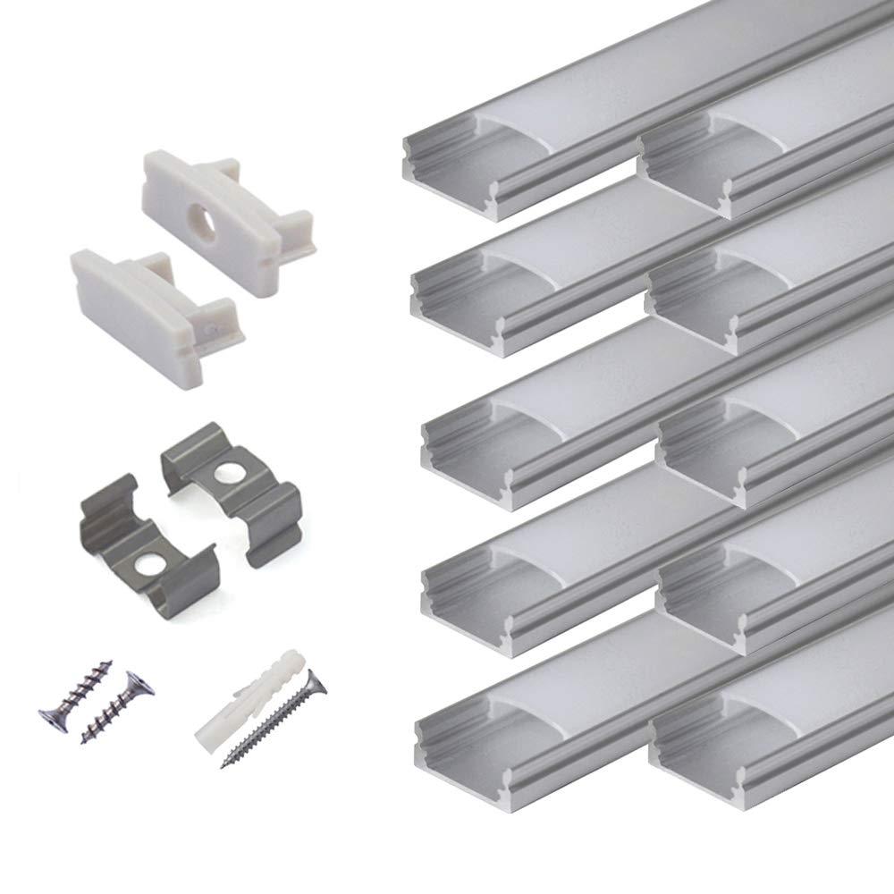 Hunhun 10-Pack 6.6ft/ 2Meter U Shape LED Aluminum Channel System with Milky Cover, End Caps and Mounting Clips, Aluminum Profile for LED Strip Light Installations, Very Easy Installation