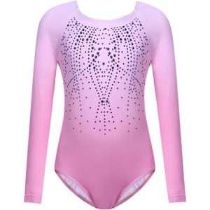 Zaclotre Kid Girls Gymnastic Leotard Long Sleeve Color Gradient Sparkly Ballet Dance One Piece Outfit (9-10 Years, Pink)