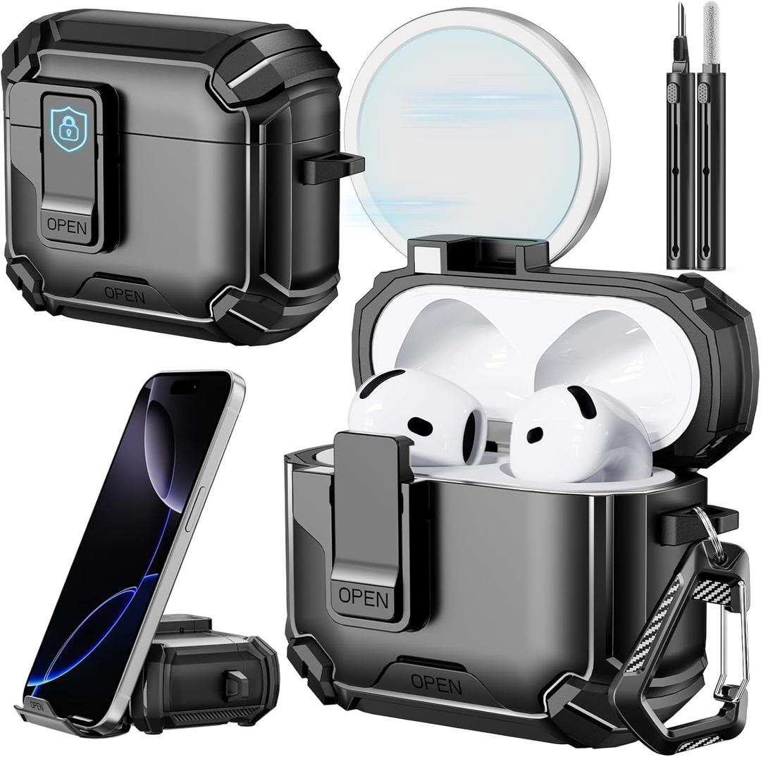 Inesore Compatible with AirPods 4th Case with Phone Stand & Cleaning Kit,Compatible with Magsafe,Magnetic Automatic Lock for Airpods 4 with Active Noise Cancellation Charging Cover (2024)