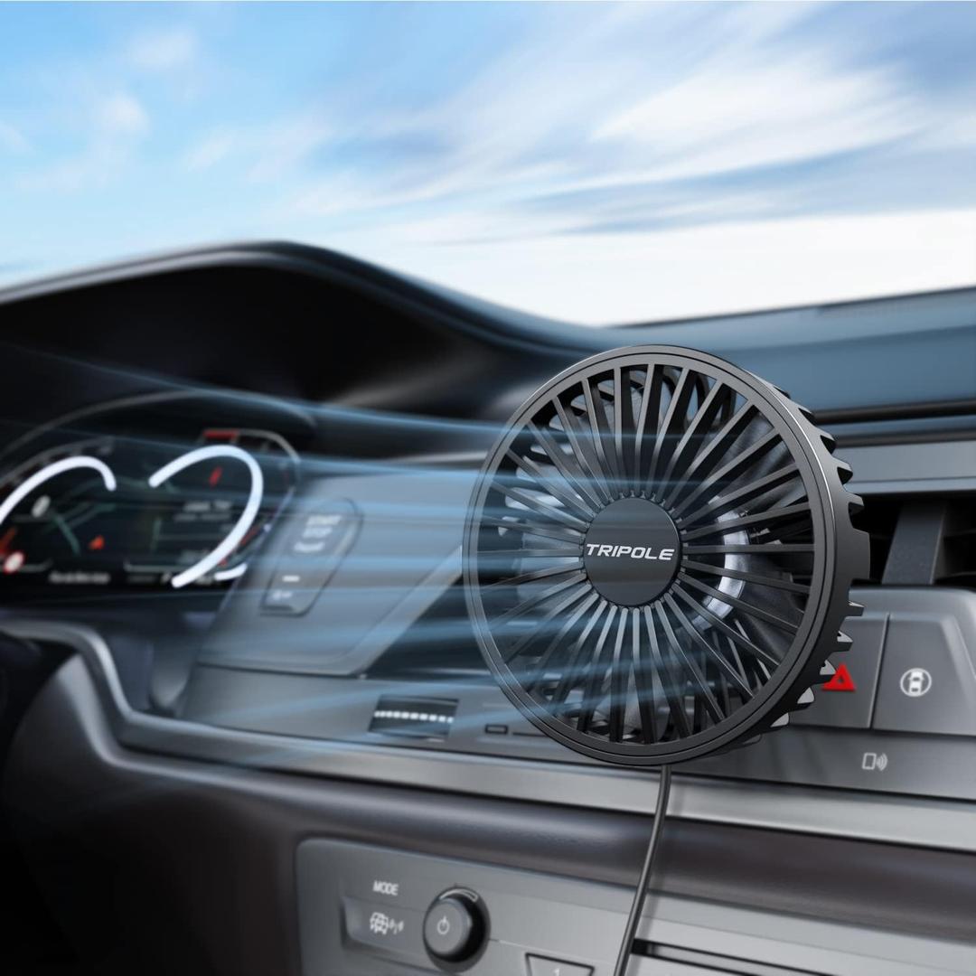 TriPole Car Fan USB Powered - Powerful 3 Speed, Portable Cooling Clip Fan for Car Vent, Quiet Brushless Motor, 360 Degree Rotatable, Air Circulation for Vehicle, Van, Truck, SUV, RV Black