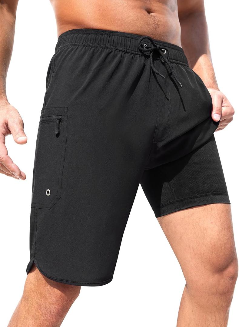 SILKWORLD Mens Swim Trunks with Compression Liner 9 Inch Long Bathing Suit 2 in 1 Beach Quick Dry Shorts with Pockets (X-Large, Black)
