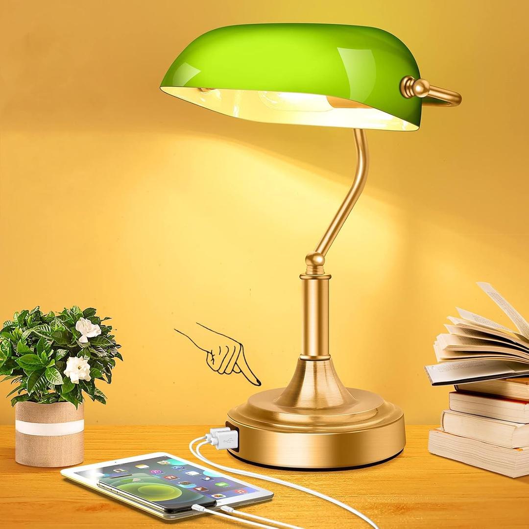 Bankers Lamp with 2 USB Ports, Touch Control Green Glass Desk Lamp with Brass Base, 3Way Dimmable Vintage Desk Lamp for Home Office Workplace Nightstand Bedroom Library Piano, LED Bulb Included (5.12"D x 6.38"W x 9.1"H)