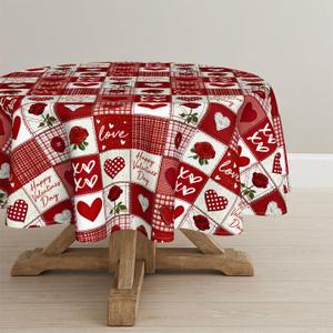 Horaldaily Valentine Tablecloth 6060 Inch Round, Patchwork-Style Pattern Rose Red Heart Buffalo Plaid Washable Table Cover for Party Picnic Dinner Decor