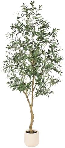 FEELEAD 7ft Olive Trees Artificial Indoor - Tall Faux Olive Tree 7 feet (84") with Pot, Fake Plants Natural Olive Branches and Realistic Leaves Olive Silk Tree for Home Office Decor