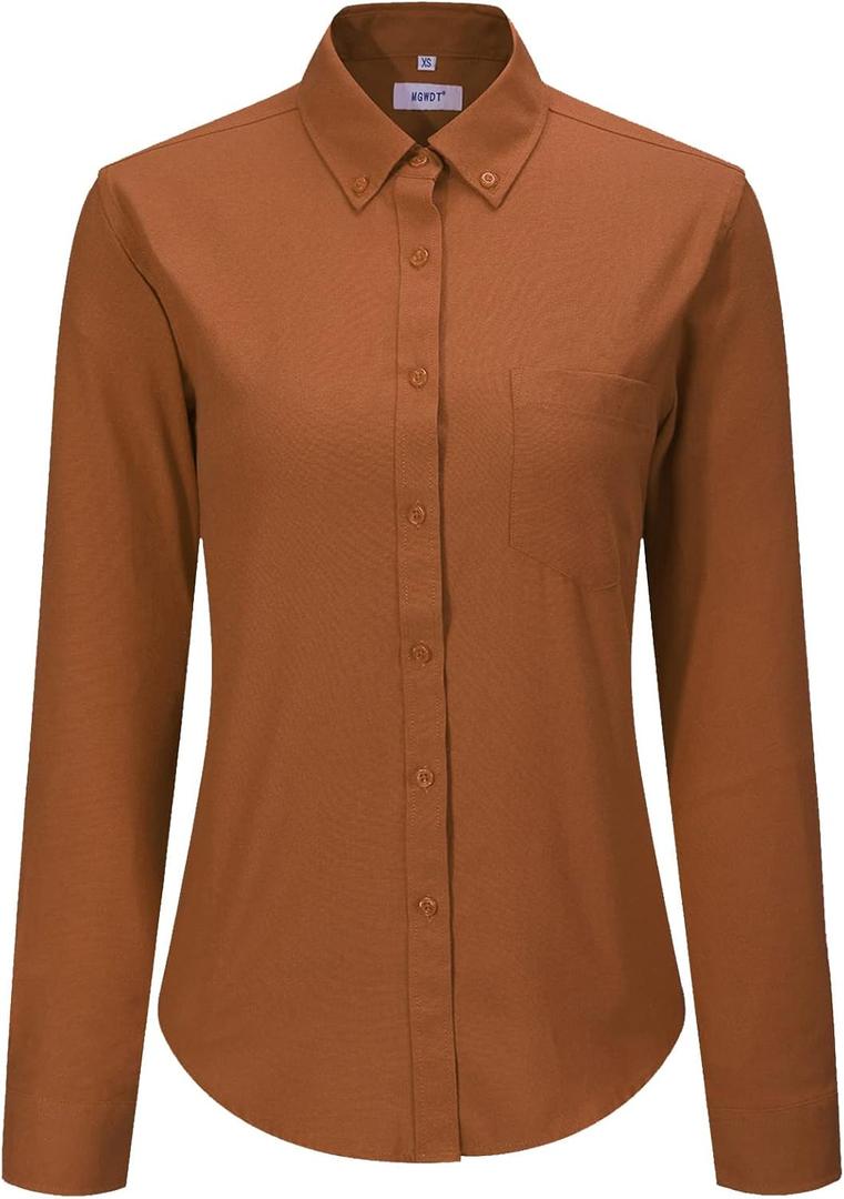 MGWDT Button Down Shirt Women Long Sleeve Blouse Oxford Shirt Classic-Fit Cotton Tops Wrinkle Resistant (2XS-3XL) (XX-Small, Brown)