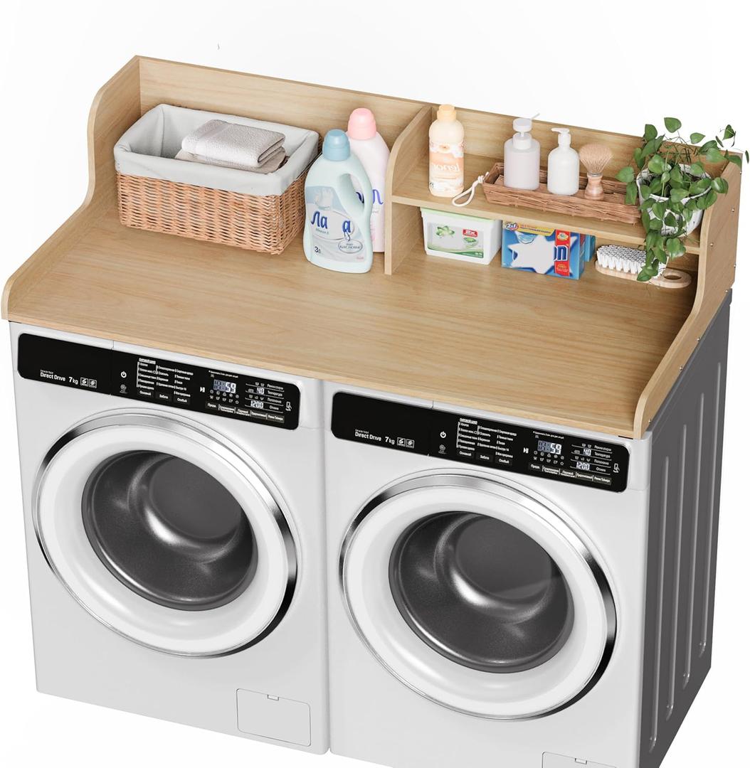 DTK Washer Dryer Wood Countertop with Shelf, Laundry Topper with Non-Slip Mat,27.55" Depth x 54" Width Dryer Covers for The Top with Edge Rails (Light Walnut), 27.5"*54"*11.8"